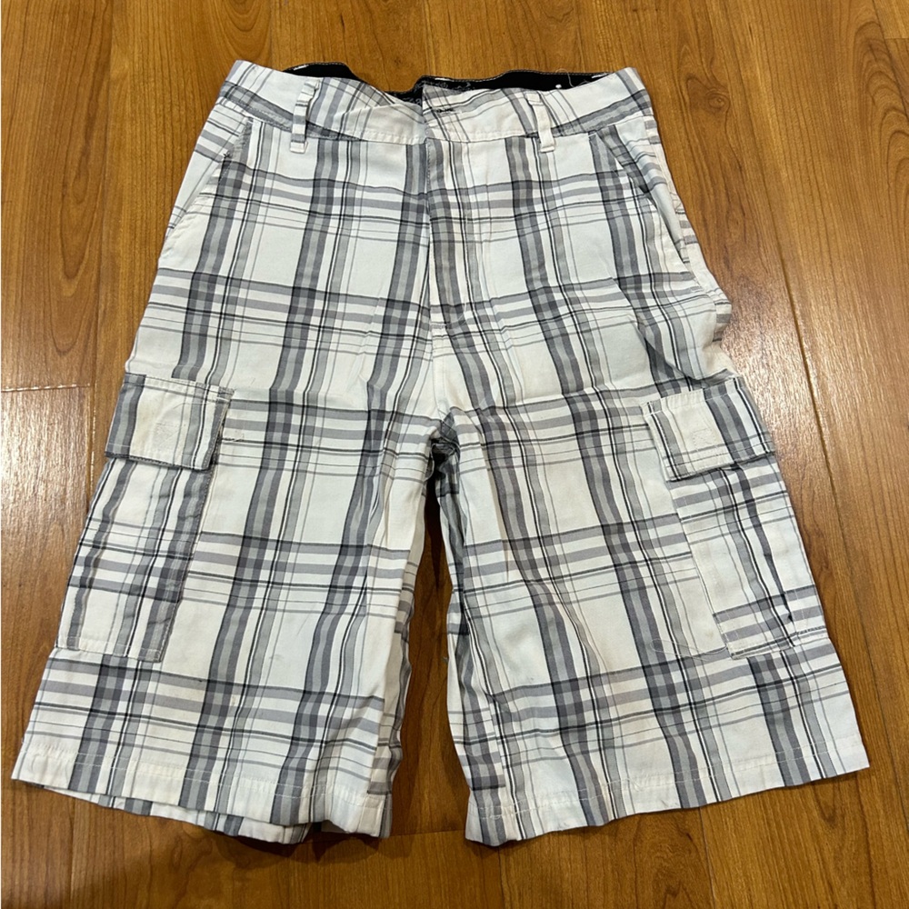 Roadblock Plaid Cargo Shorts - Black, Grey and White - Size 16